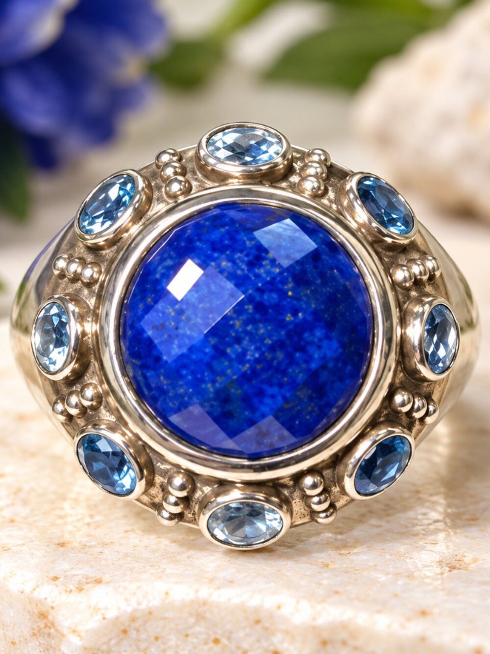 Vintage Sterling Silver Multi Round faceted Lapis 6 Round London Blue Topaz ring
